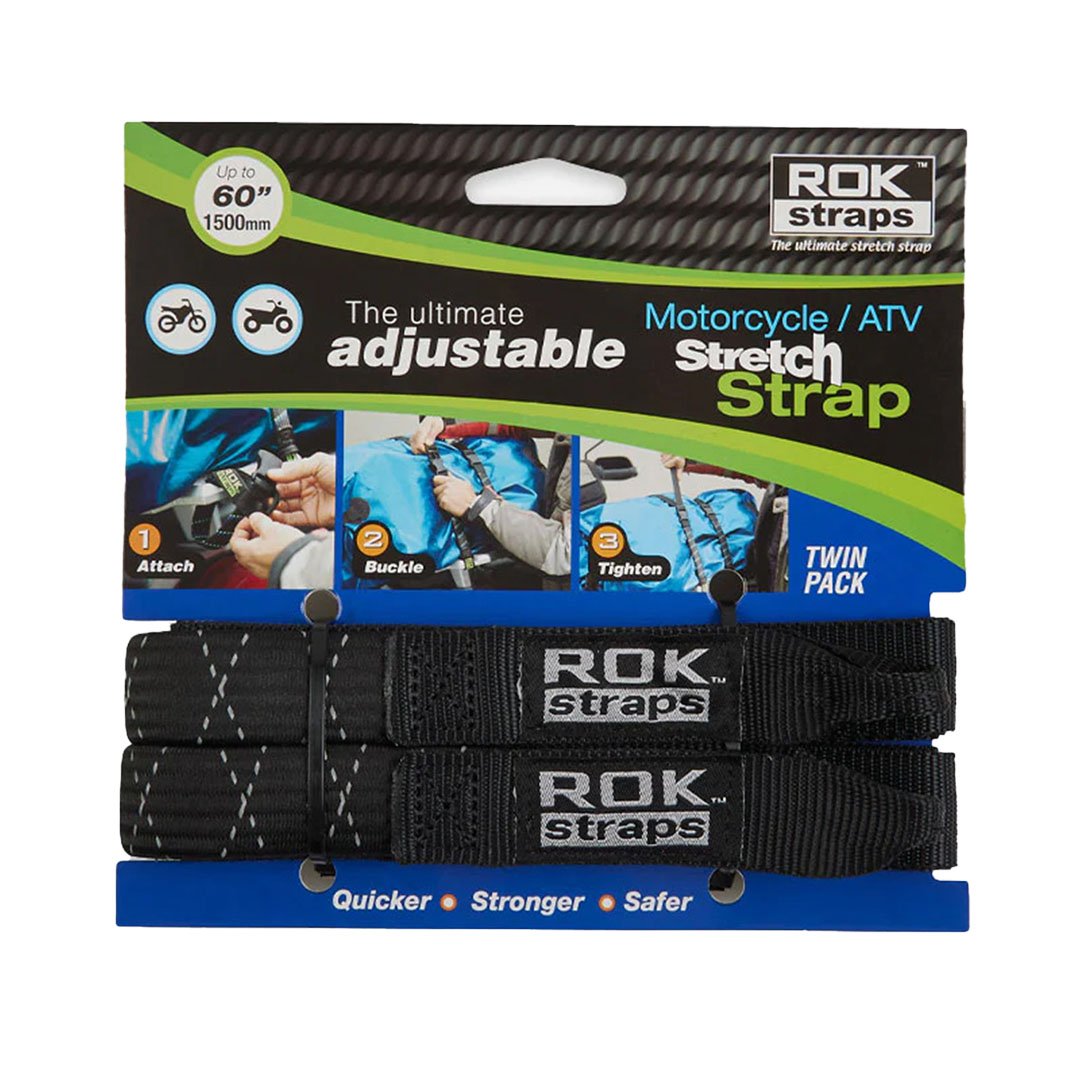 ROK 050 Motorcycle Adjustable Stretch Strap Black Reflective 2 Pack