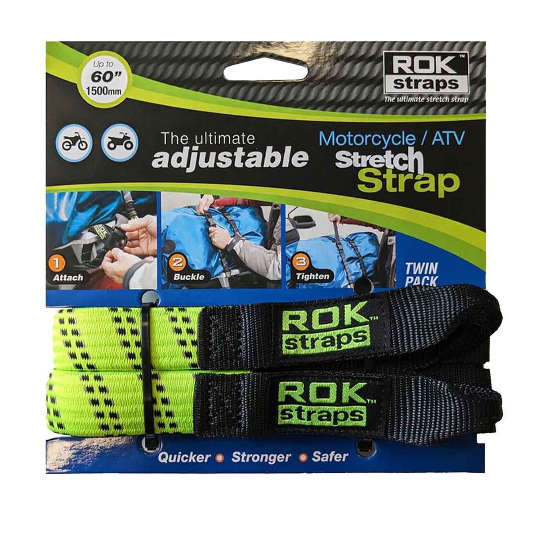 ROK 057 Motorcycle Adjustable Stretch Strap Green/Black Reflective 2 Pack