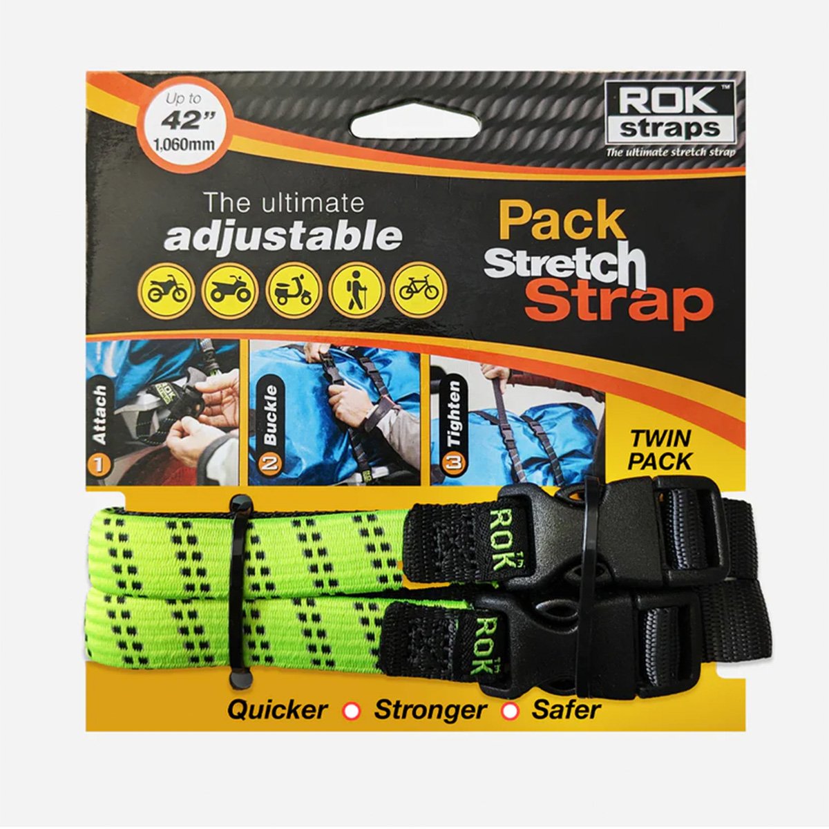 ROK 361 Pack Adjustable Stretch Strap Hi-Vis Green/Black 2 Pack